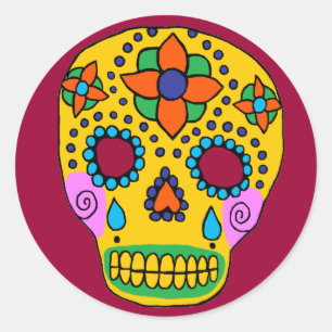 Pegatina Redonda Calavera de azúcar en arte popular mexicano