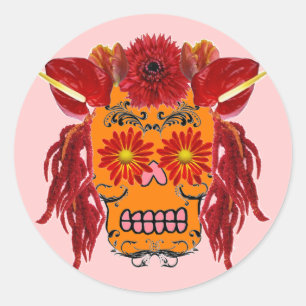 Pegatina Redonda Calavera de azúcar floral