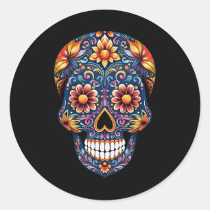 Pegatina Redonda Calavera de azúcar floral de Halloween