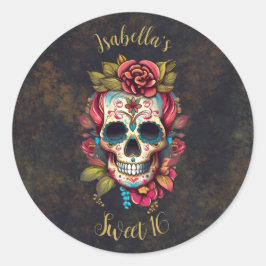 Pegatina Redonda Calavera de azúcar floral dulce 16 cumpleaños