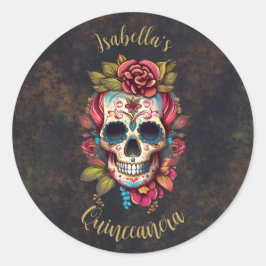 Pegatina Redonda Calavera de azúcar floral Quinceanera Cumpleaños