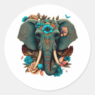 Pegatina Redonda Calavera de azúcar Flores Elephant Halloween