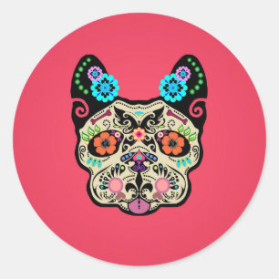 Pegatina Redonda Calavera de azúcar Frenchie - Rosa