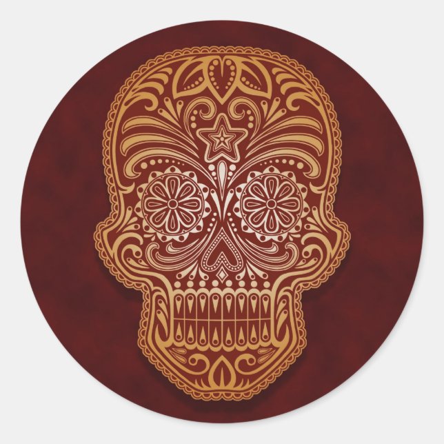 Pegatina Redonda Calavera de azúcar marrón intrincada (Anverso)