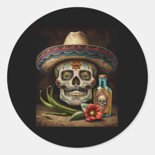 Pegatina Redonda Calavera de azúcar mexicana Tequila Sombrero Cinco