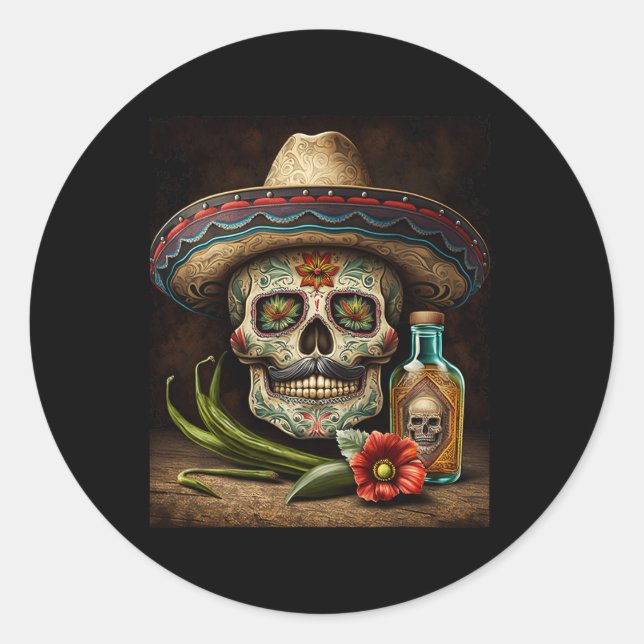 Pegatina Redonda Calavera de azúcar mexicana Tequila Sombrero Cinco (Anverso)