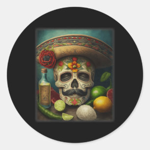 Pegatina Redonda Calavera de azúcar mexicana Tequila Sombrero Cinco