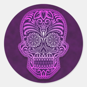 Pegatina Redonda Calavera de azúcar morado intrincada