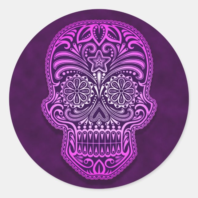 Pegatina Redonda Calavera de azúcar morado intrincada (Anverso)