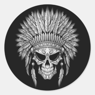 Pegatina Redonda Calavera de azúcar nativa oscura con dirección alt