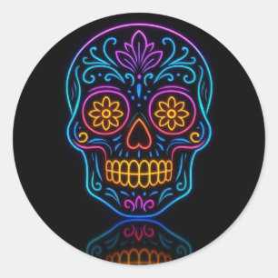 Pegatina Redonda Calavera de azúcar neón negro/bienvenida día de mu