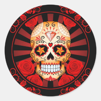 Pegatina Redonda Calavera de azúcar roja vintage con Poster Rosa