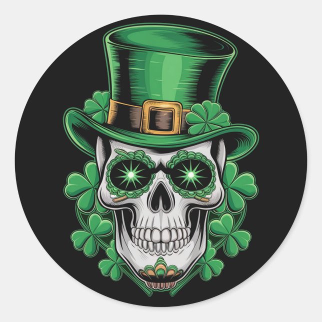 Pegatina Redonda Calavera de azúcar St Patrick Day Lucky Shamrock (Anverso)