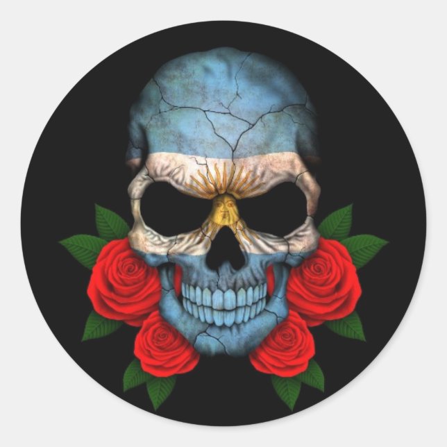 Pegatina Redonda Calavera de bandera argentina con rosas rojas (Anverso)