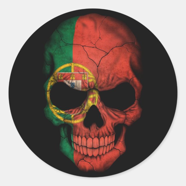 Pegatina Redonda Calavera de bandera portuguesa en negro (Anverso)