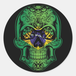 Pegatina Redonda Calavera De Brasil Y Bandera De Los Rosas