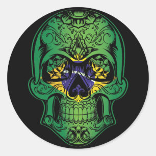 Pegatina Redonda Calavera De Brasil Y Bandera De Los Rosas