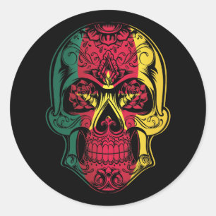 Pegatina Redonda Calavera De Camerún Y Bandera De Los Rosas