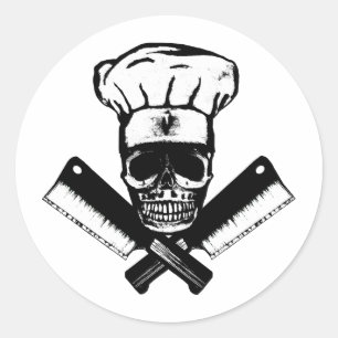 Pegatina Redonda Calavera de Chef (B&W)