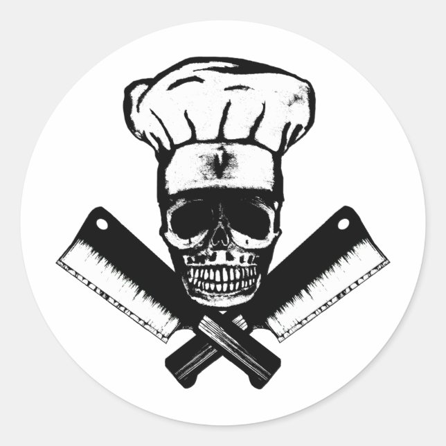 Pegatina Redonda Calavera de Chef (B&W) (Anverso)