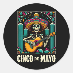 Pegatina Redonda Calavera de Cinco De Mayo Sombrero Guitarra Mexic