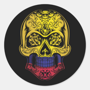 Pegatina Redonda Calavera De Colombia Y Bandera De Los Rosas