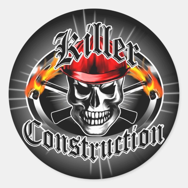 Pegatina Redonda Calavera de construcción 3 con Gorra duro rojo (Anverso)