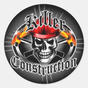 Pegatina Redonda Calavera de construcción 3 con Gorra duro rojo