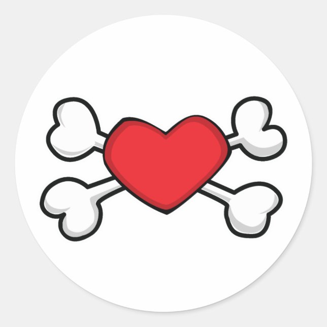 Pegatina Redonda calavera de corazón rojo y huesos cruzados (Anverso)