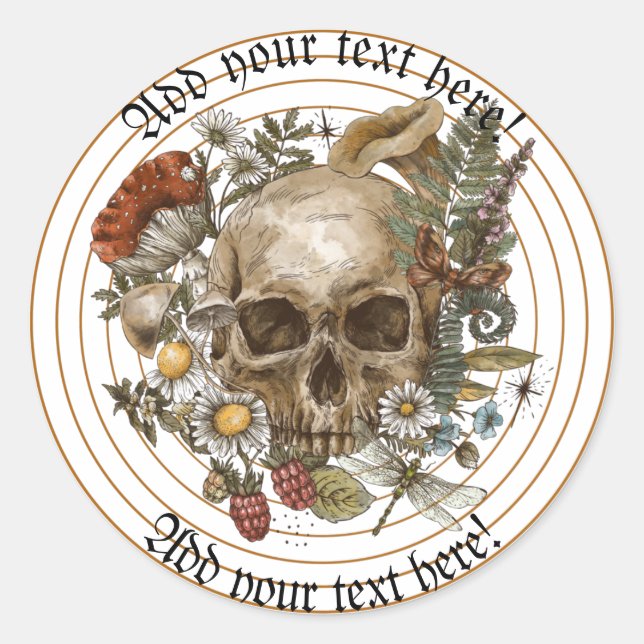 Pegatina Redonda Calavera de cosecha floral en bandas de círculo do (Anverso)