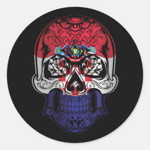 Pegatina Redonda Calavera De Croacia Y Bandera De Rosas
