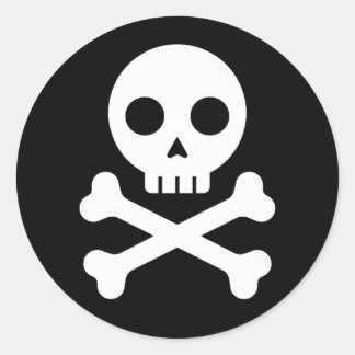 Pegatina Redonda Calavera de Dibujos Animados y Huesos Cruzados