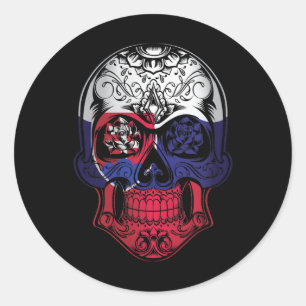 Pegatina Redonda Calavera De Eslovaquia Y Bandera De Los Rosas