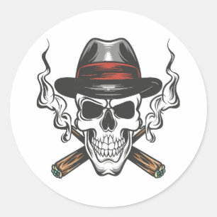 Pegatina Redonda Calavera de gánster con sombrero fedora