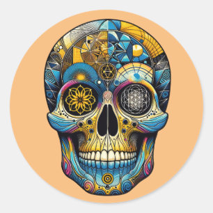 Pegatina Redonda Calavera de geometría sagrada