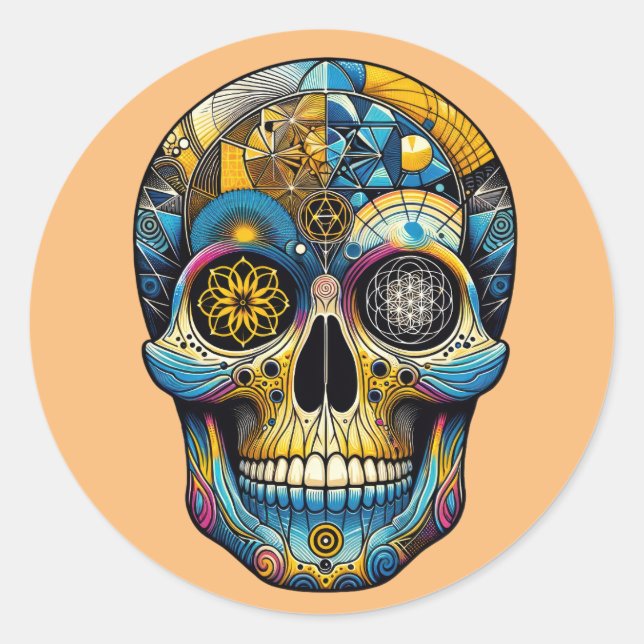 Pegatina Redonda Calavera de geometría sagrada (Anverso)