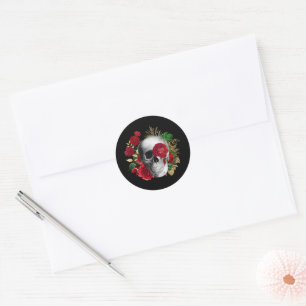 Pegatina Redonda Calavera de gótico con flores rojas y hojas de oro