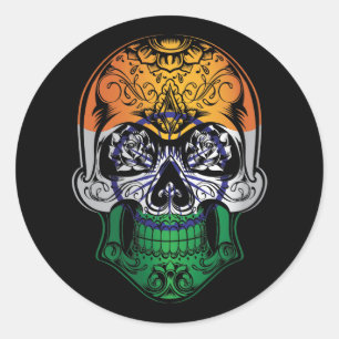 Pegatina Redonda Calavera de India y bandera de los Rosas