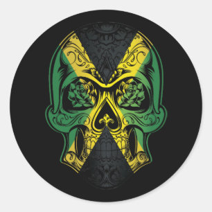 Pegatina Redonda Calavera De Jamaica Y Bandera De Los Rosas