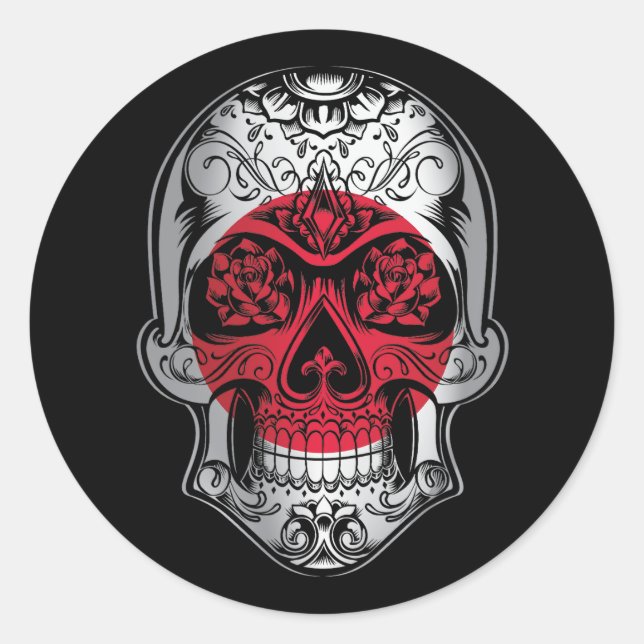 Pegatina Redonda Calavera De Japón Y Bandera De Los Rosas (Anverso)