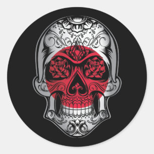 Pegatina Redonda Calavera De Japón Y Bandera De Los Rosas