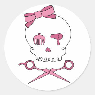 Pegatina Redonda Calavera de los accesorios del pelo y cissor