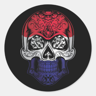 Pegatina Redonda Calavera De Los Países Bajos Y Bandera De Los Rosa