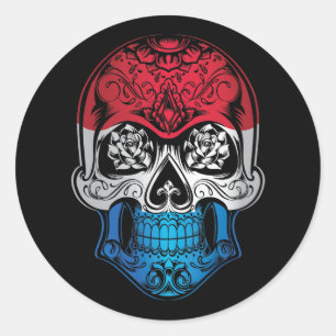 Pegatina Redonda Calavera De Luxemburgo Y Bandera De Los Rosas