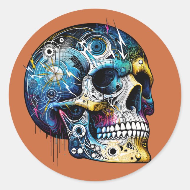 Pegatina Redonda Calavera de matriz eléctrica (Anverso)