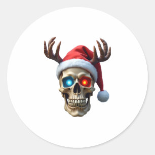 Pegatina Redonda Calavera de Navidad con sombrero de Santa y cuerno