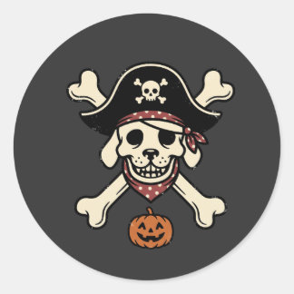 Pegatina Redonda Calavera de perro pirata vintage de Halloween Cruz