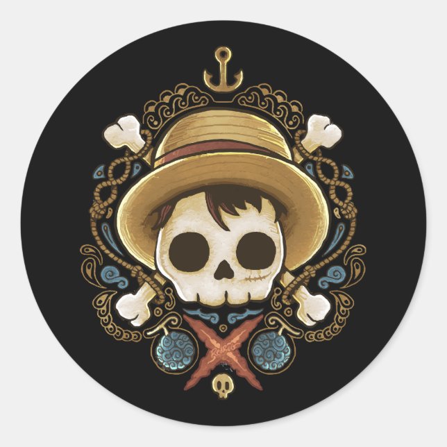 Pegatina Redonda Calavera de pirata (Anverso)
