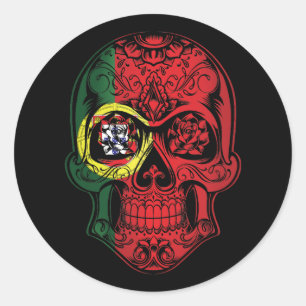 Pegatina Redonda Calavera De Portugal Y Bandera De Los Rosas