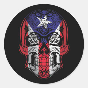 Pegatina Redonda Calavera De Puerto Rico Y Bandera De Rosas